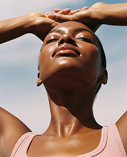 Close-up of a woman with glowing skin, eyes closed, and arms raised behind her head against a clear sky.