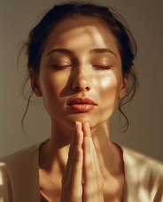Woman with eyes closed and hands pressed together in prayer, with sunlight casting striped shadows on her face.