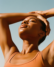 Woman with eyes closed and arms raised behind her head, enjoying sunlight against a clear sky.