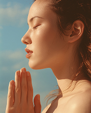 Young woman with closed eyes and folded hands in prayer against a blue sky background.