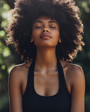 Young woman with curly hair in a black tank top meditating with eyes closed outdoors.
