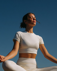Woman meditating outdoors in white workout clothes against a clear blue sky.