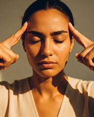 Woman with closed eyes pressing her temples with index fingers in soft natural light.