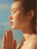 Close-up of a woman with eyes closed and hands pressed together in a prayer or meditation gesture against a blue sky background.